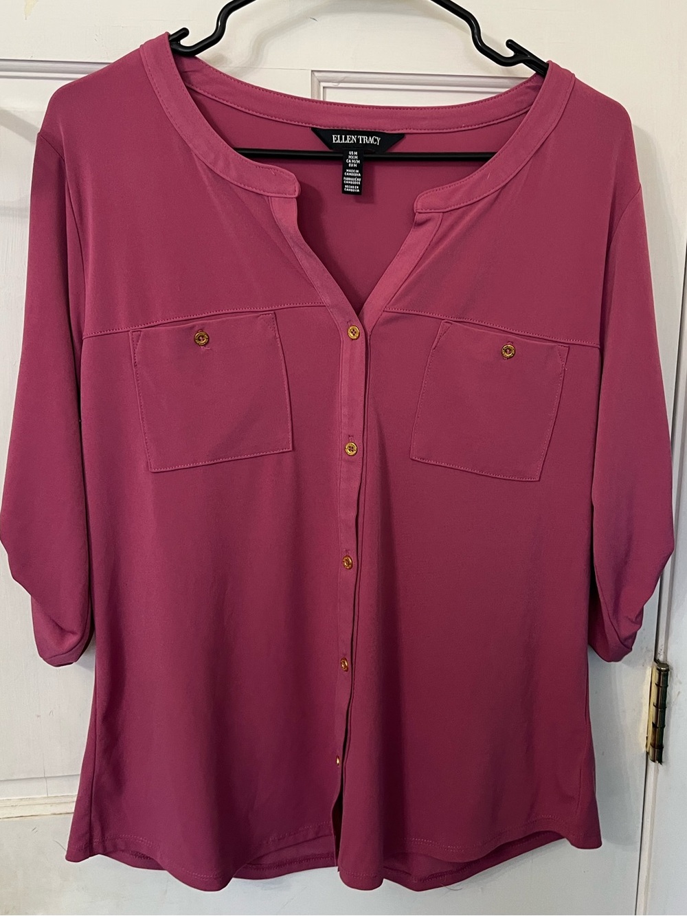 Ellen Tracy Magenta Button-Front Pocket Blouse